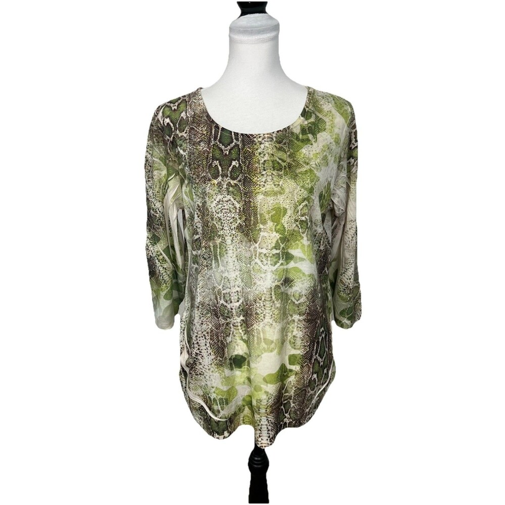 Chico's 2 Blouse Woman's Size L US 12 Knit Green Snake Print Beaded Tunic Top